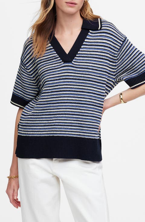 Stripe Johnny Collar Sweater T-Shirt