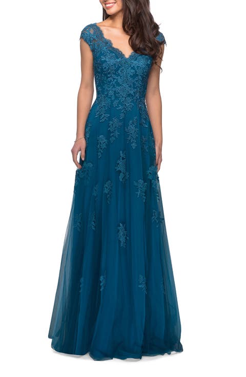 Short Sleeve Lace Gown with Cascading Embellishments