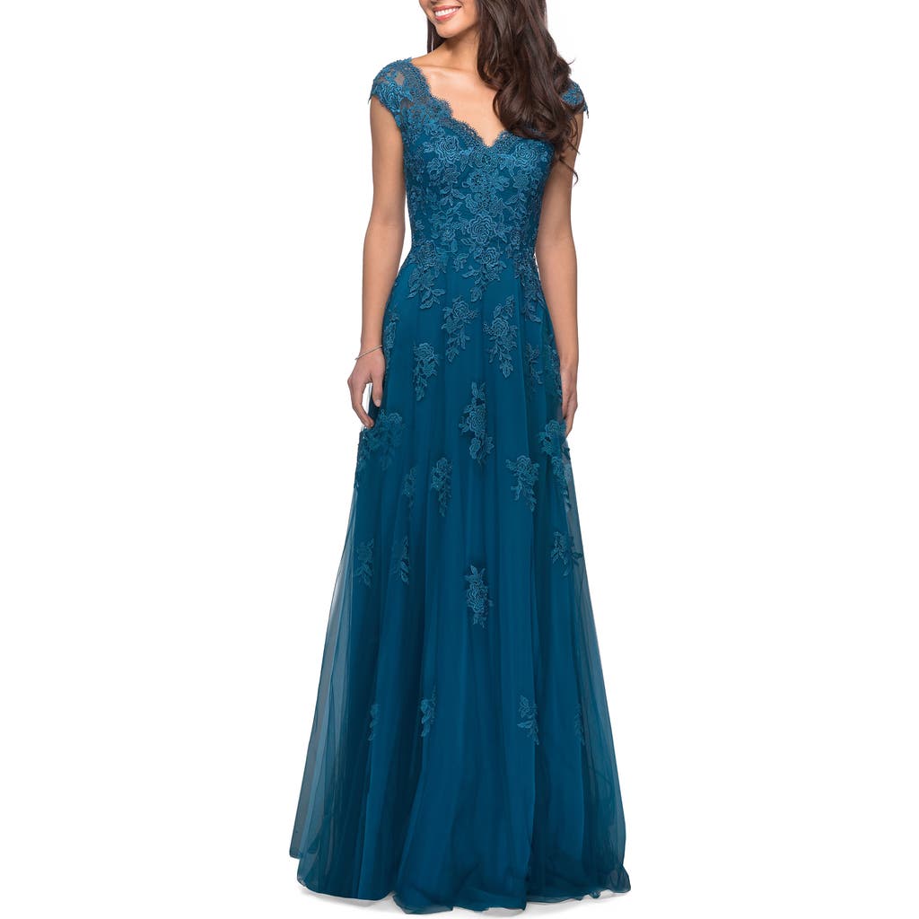 La Femme Short Sleeve Lace Gown With Cascading Embellishments In Teal
