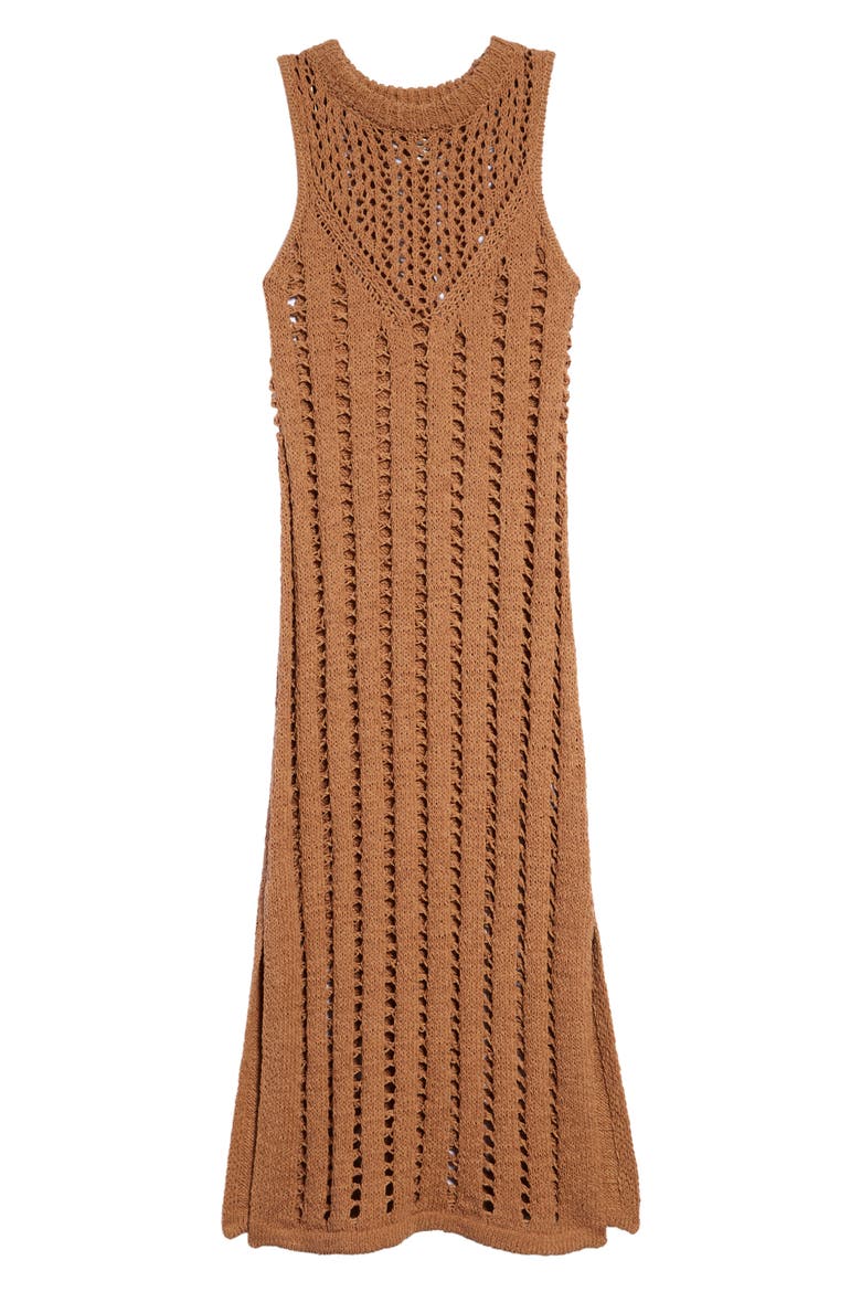 Ladder Stitch Sleeveless Cotton Crochet Knit Dress, Alternate, color, BROWN