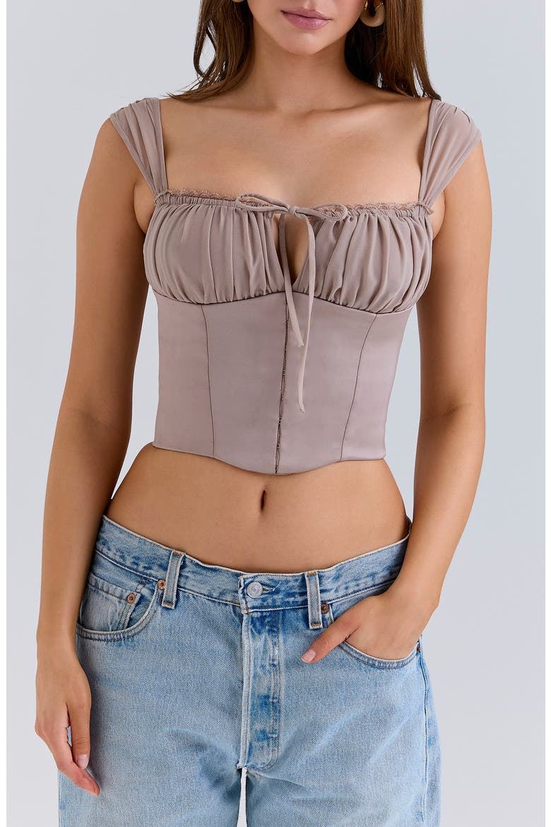 Anja Cap Sleeve Georgette Corset Top, Main, color, MOCHA
