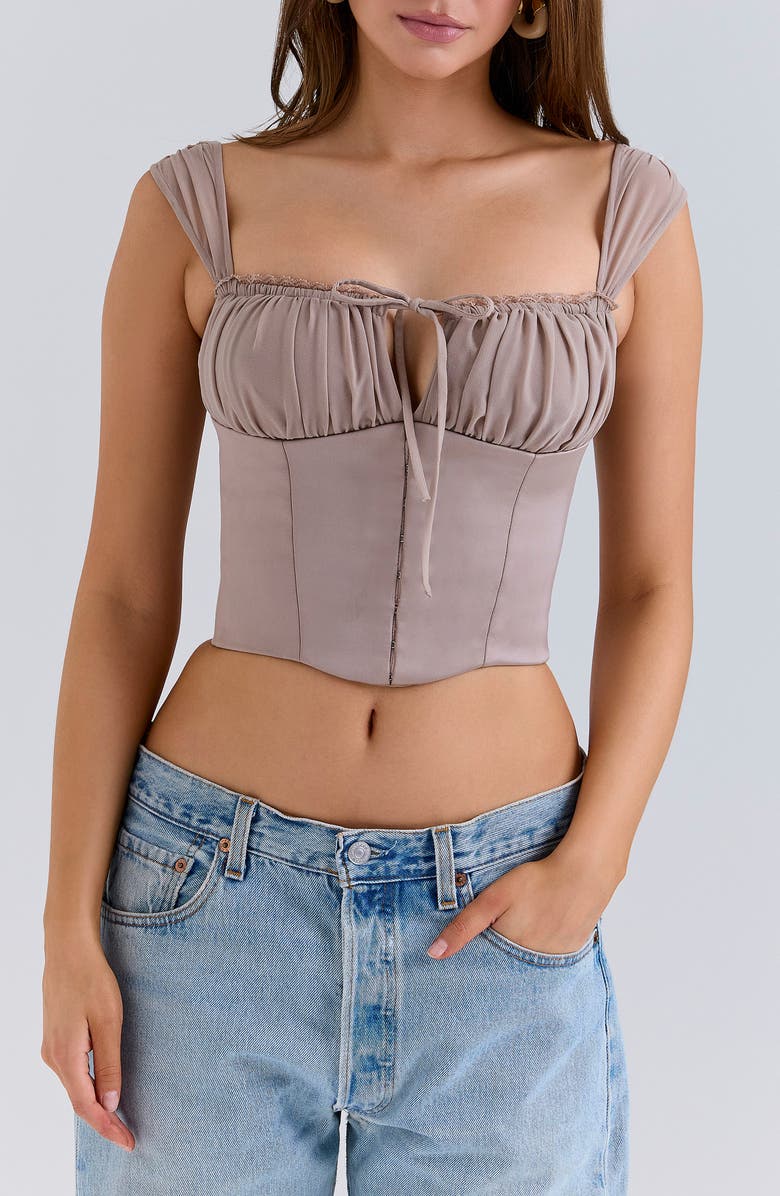 HOUSE OF CB Anja Cap Sleeve Georgette Corset Top, Main, color, Mocha