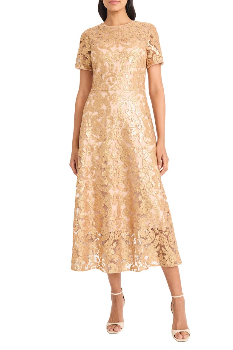 Sequin Fit & Flare Cocktail Dress, Main, color, CARAMEL