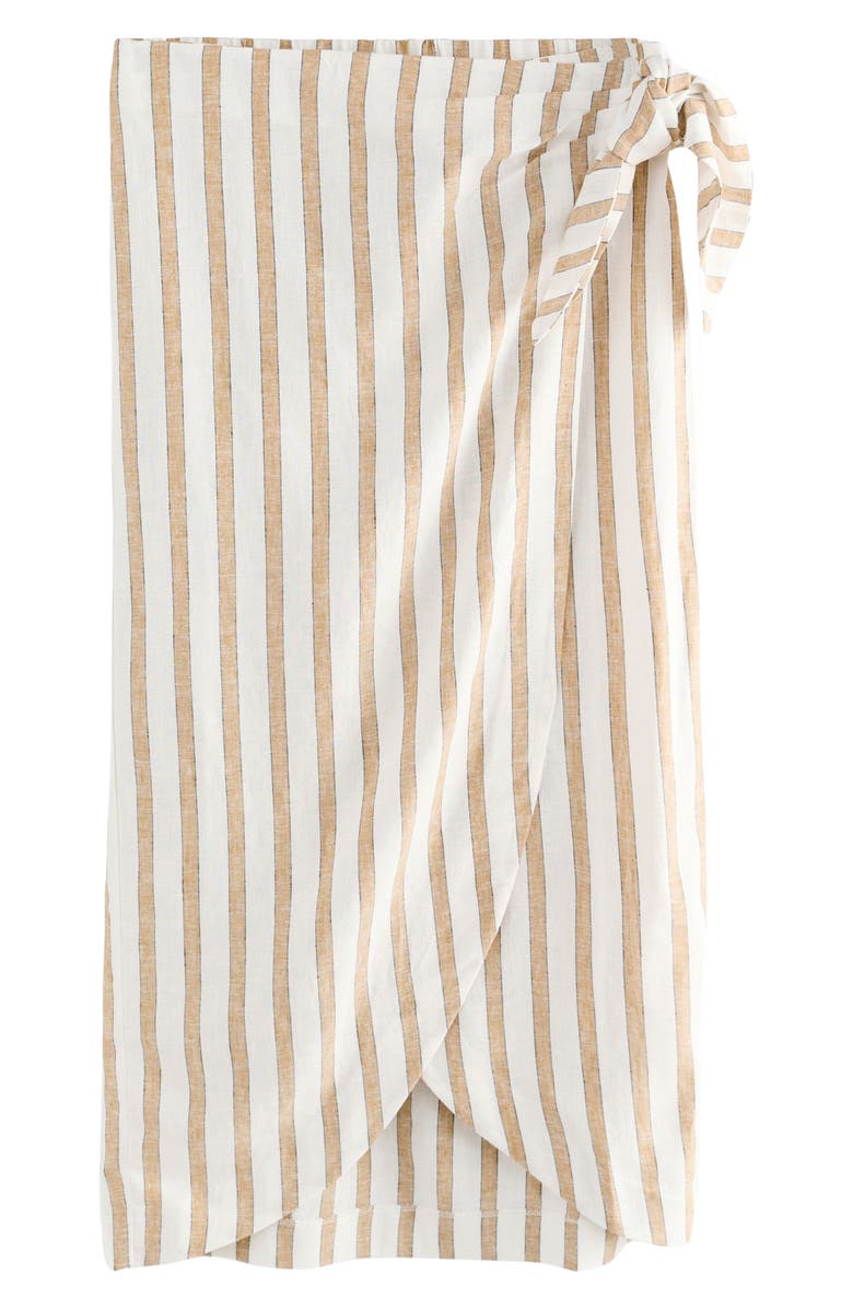 NEXT Stripe Linen Blend Faux Wrap Midi Skirt, Alternate, color, Neutral