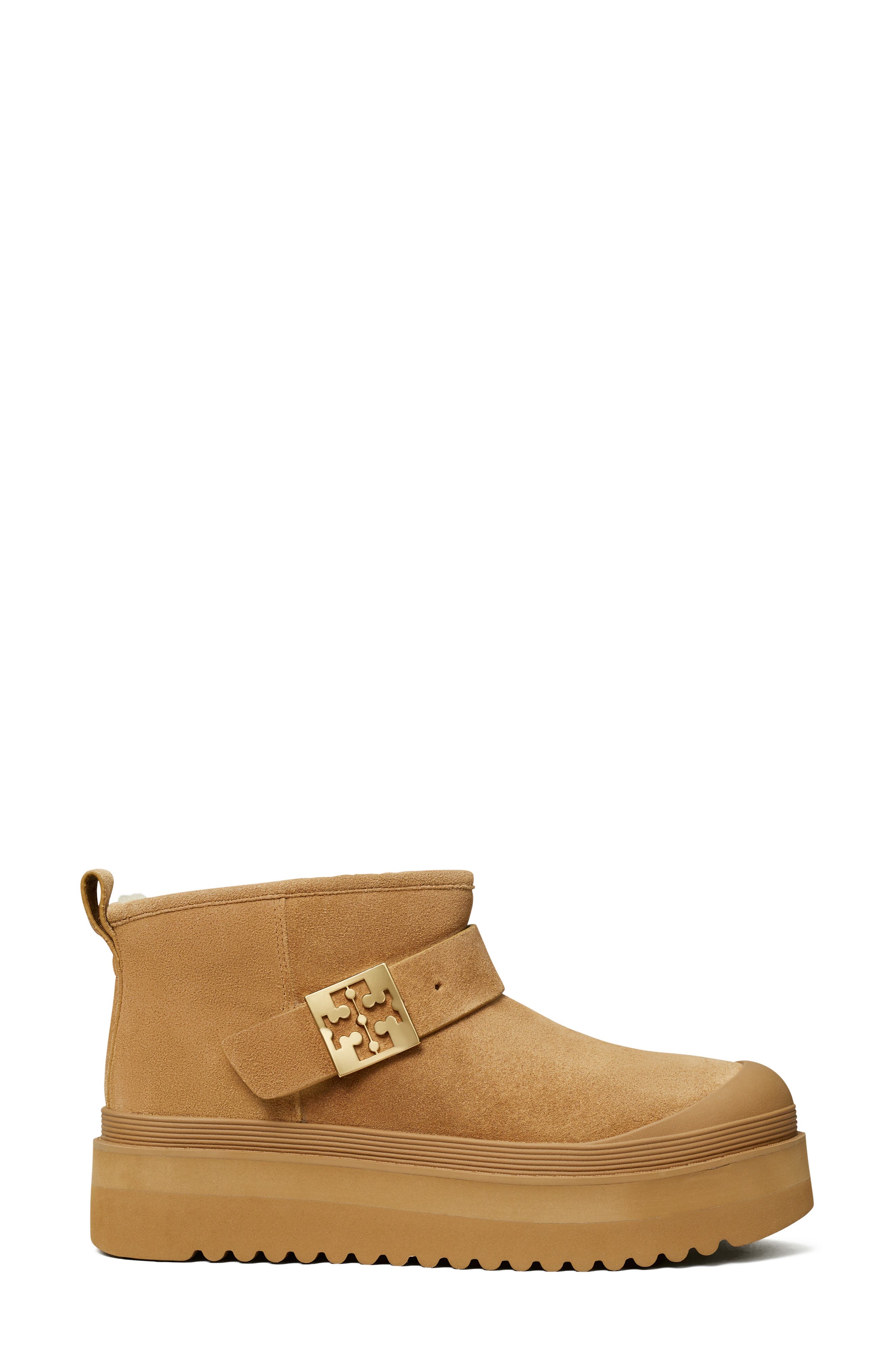 Tory Burch Mellow Genuine Shearling Lined Platform Boot, Alternate, color, Light Chestnut / Gold