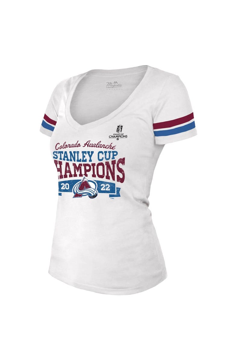Majestic Threads Women's Majestic Threads White Colorado Avalanche 2022 Stanley Cup Champions Striped V-Neck T-Shirt, Alternate, color, 