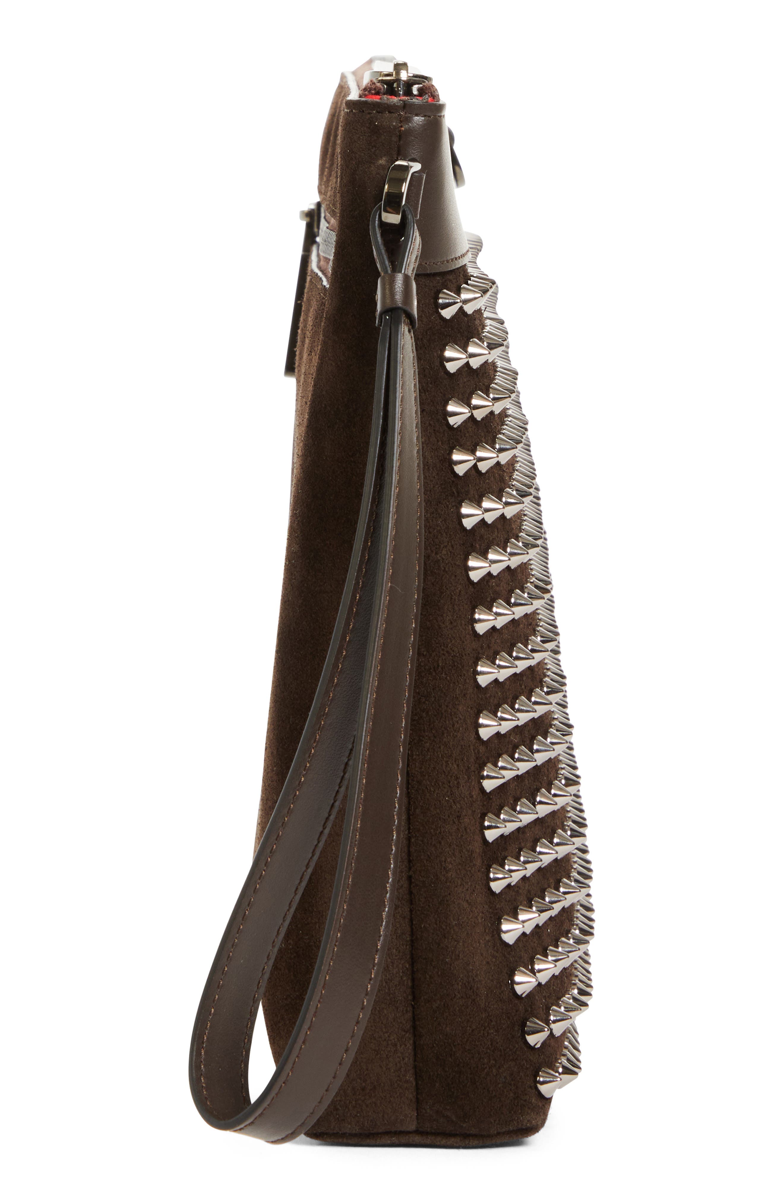 Christian Louboutin Funky Crosta Spikes Suede Wristlet Pouch, Alternate, color, Cafe/ Gun Metal