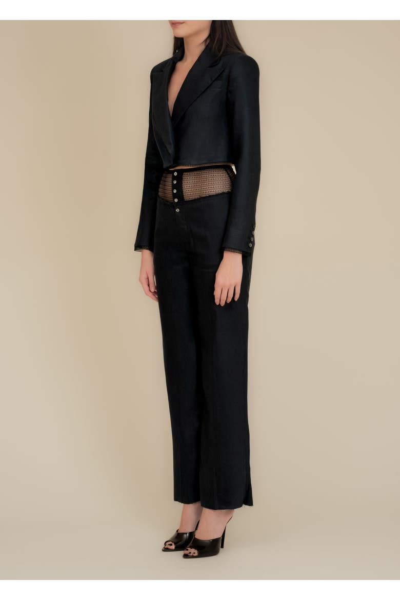 Morgaine Cropped Linen Lace-Trim Blazer, Alternate, color, Black