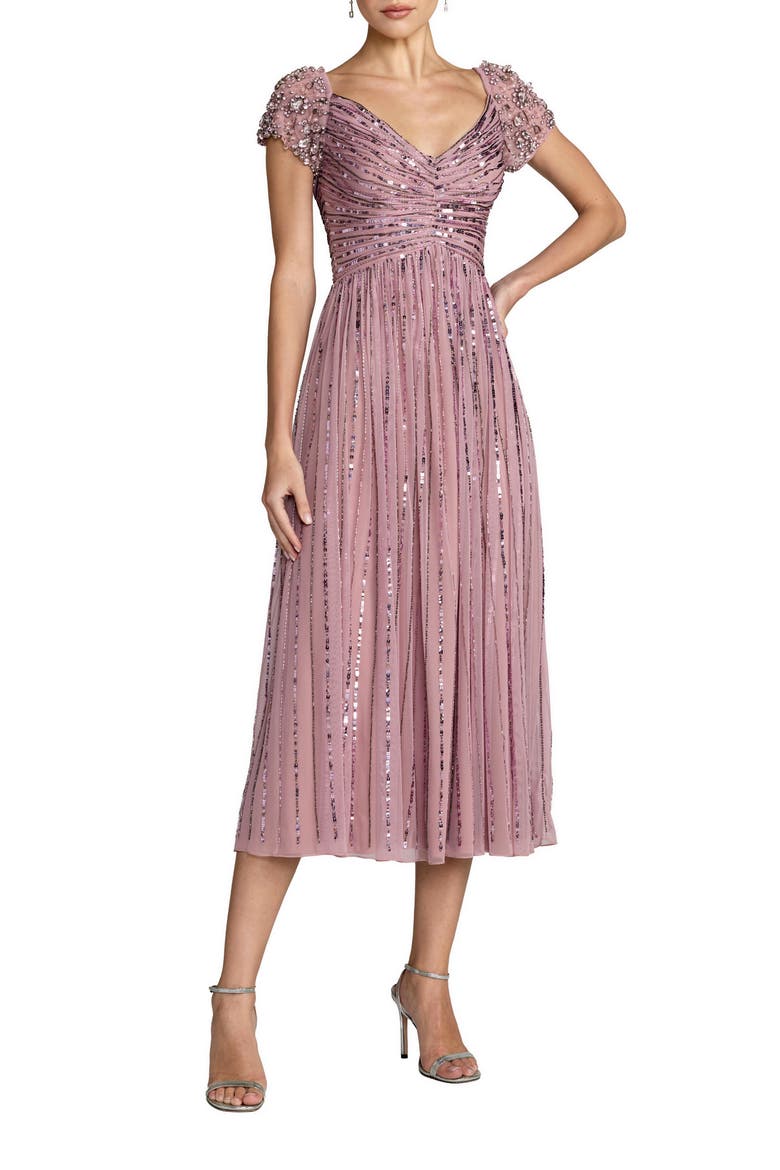 Beaded Sequin V Neck Cap Sleeve Midi Dress, Main, color, Vintage Lilac