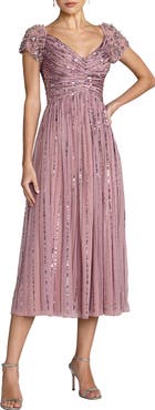 Mac Duggal Beaded Sequin V Neck Cap Sleeve Midi Dress