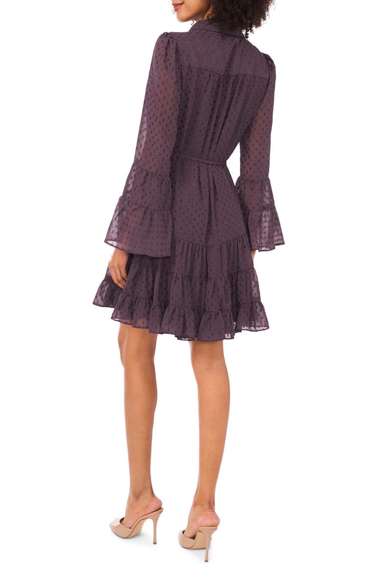 Metallic Clip Dot Long Sleeve Tiered Dress, Alternate, color, GUNMETAL