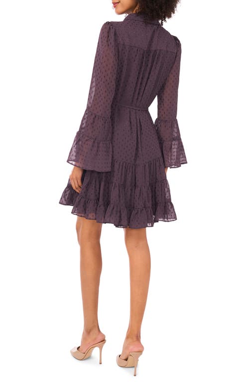 Cece Metallic Clip Dot Long Sleeve Tiered Dress In Purple