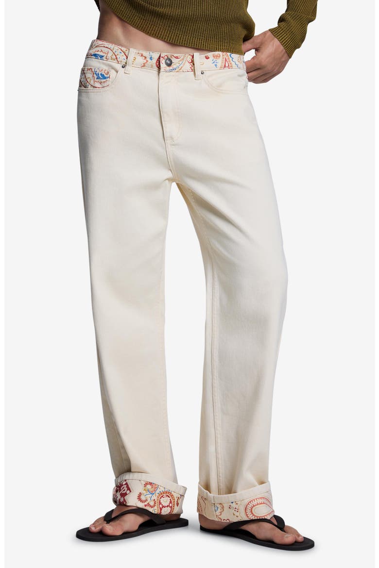 Print Waistband Straight Leg Jeans, Main, color, OFF WHITE