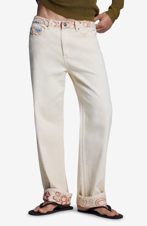 Print Waistband Straight Leg Jeans
