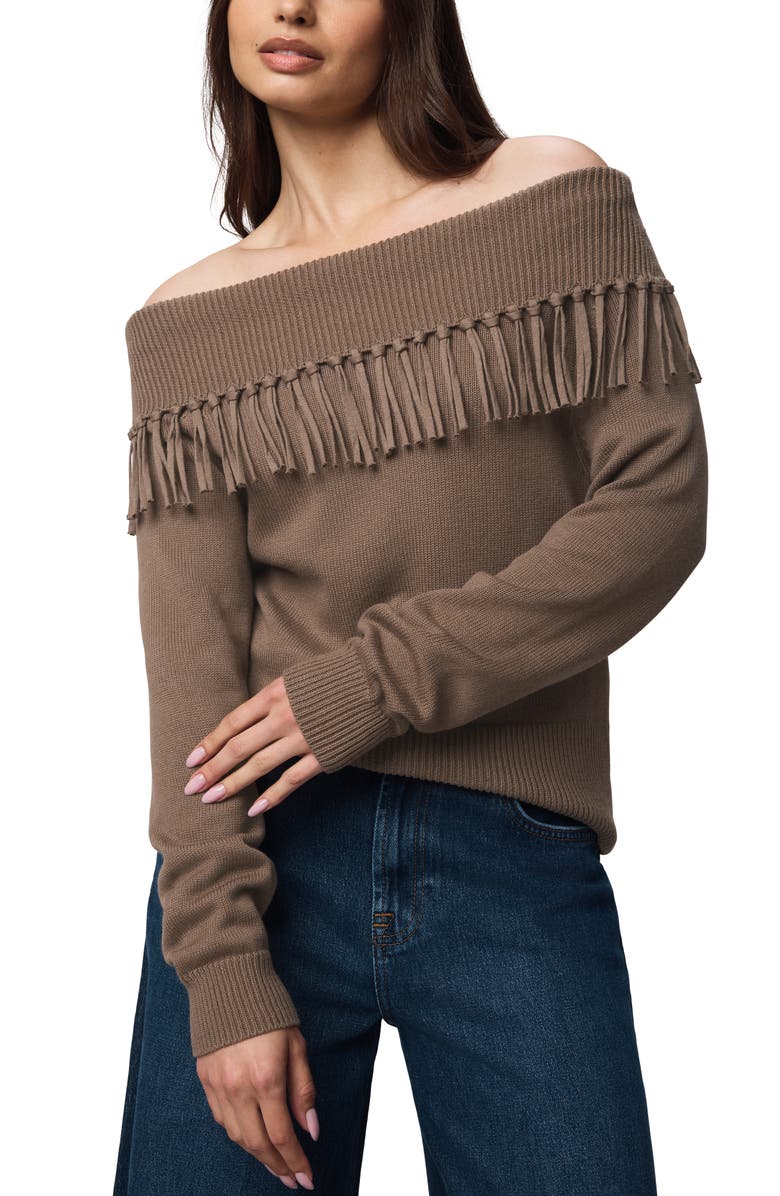 Splendid Simone Fringe Off the Shoulder Sweater, Alternate, color, Cedar Brown