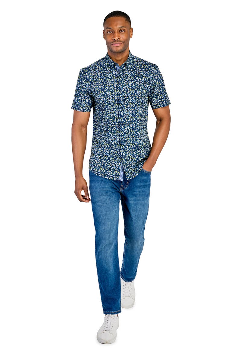 Slim Fit Mini Floral Recycled 4-Way Stretch Performance Short Sleeve Shirt, Alternate, color, NAVY