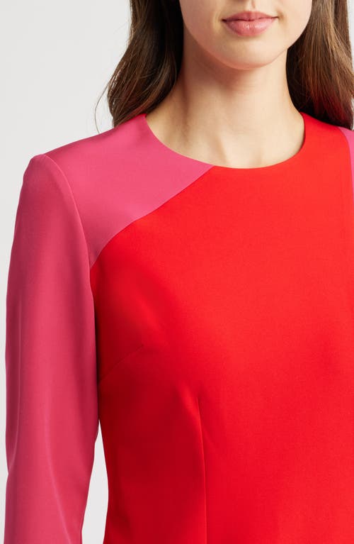 Anne Klein Colorblock Three-quarter Sleeve Sheath Dress In Fuchsia Rose/poppy (5dn)