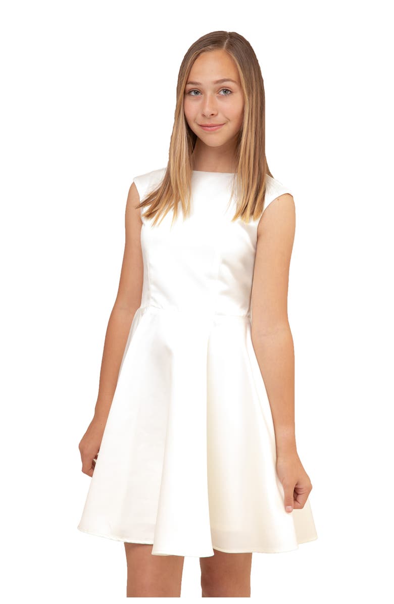 Un Deux Trois Cap Sleeve Boat Neck Dress In Longer Length, Main, color, Ivory Satin