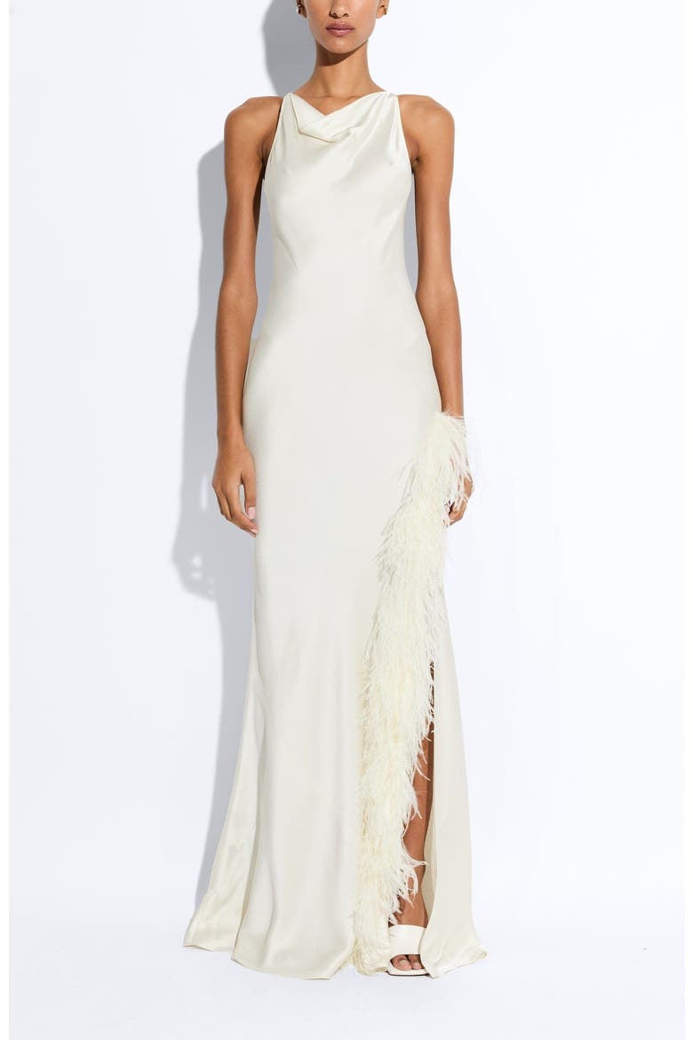 Satin Halter Gown With Feathers, Main, color, Cream