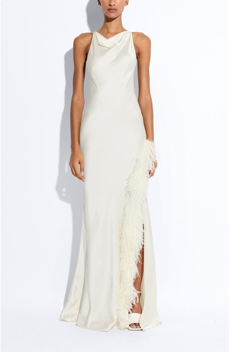 LAPOINTE Satin Halter Gown With Feathers, Main, color, Cream