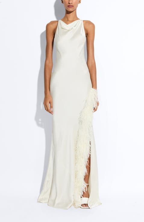 Satin Halter Gown With Feathers