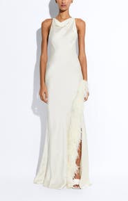 LAPOINTE Satin Halter Gown With Feathers