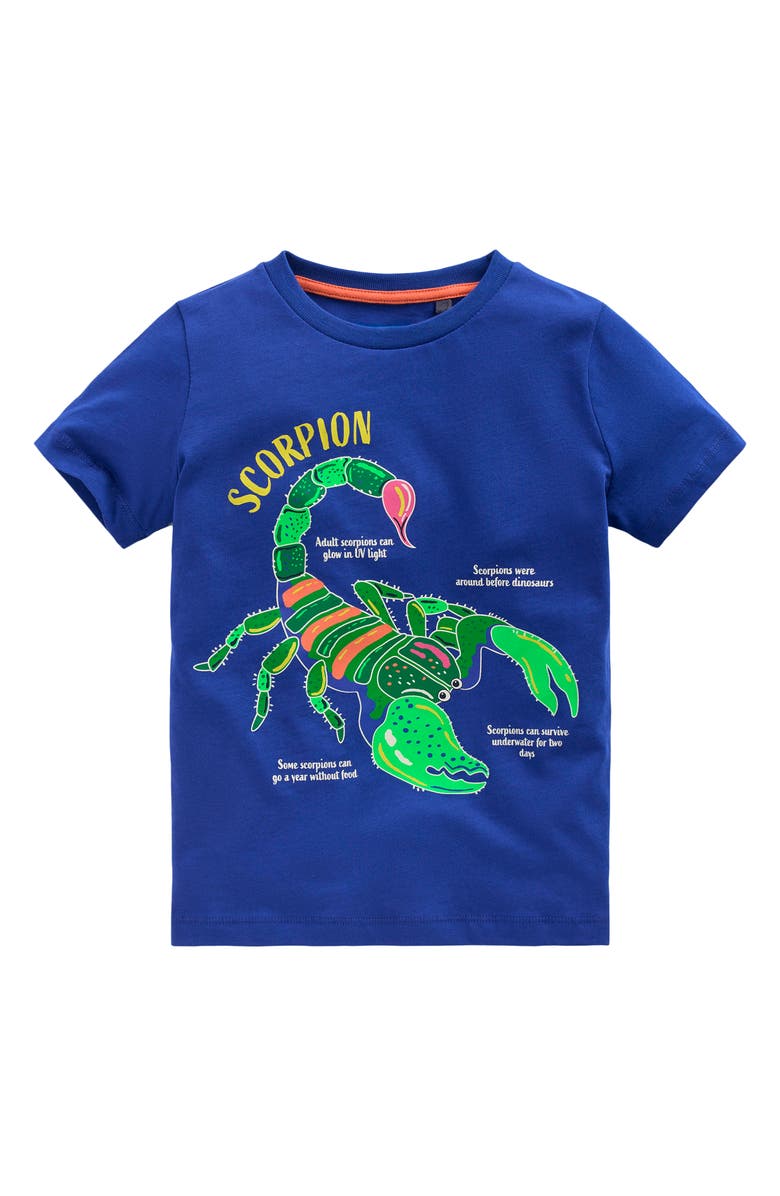 Mini Boden Kids' Glow in the Dark Cotton Graphic T-Shirt, Main, color, Bright Blue Scorpion