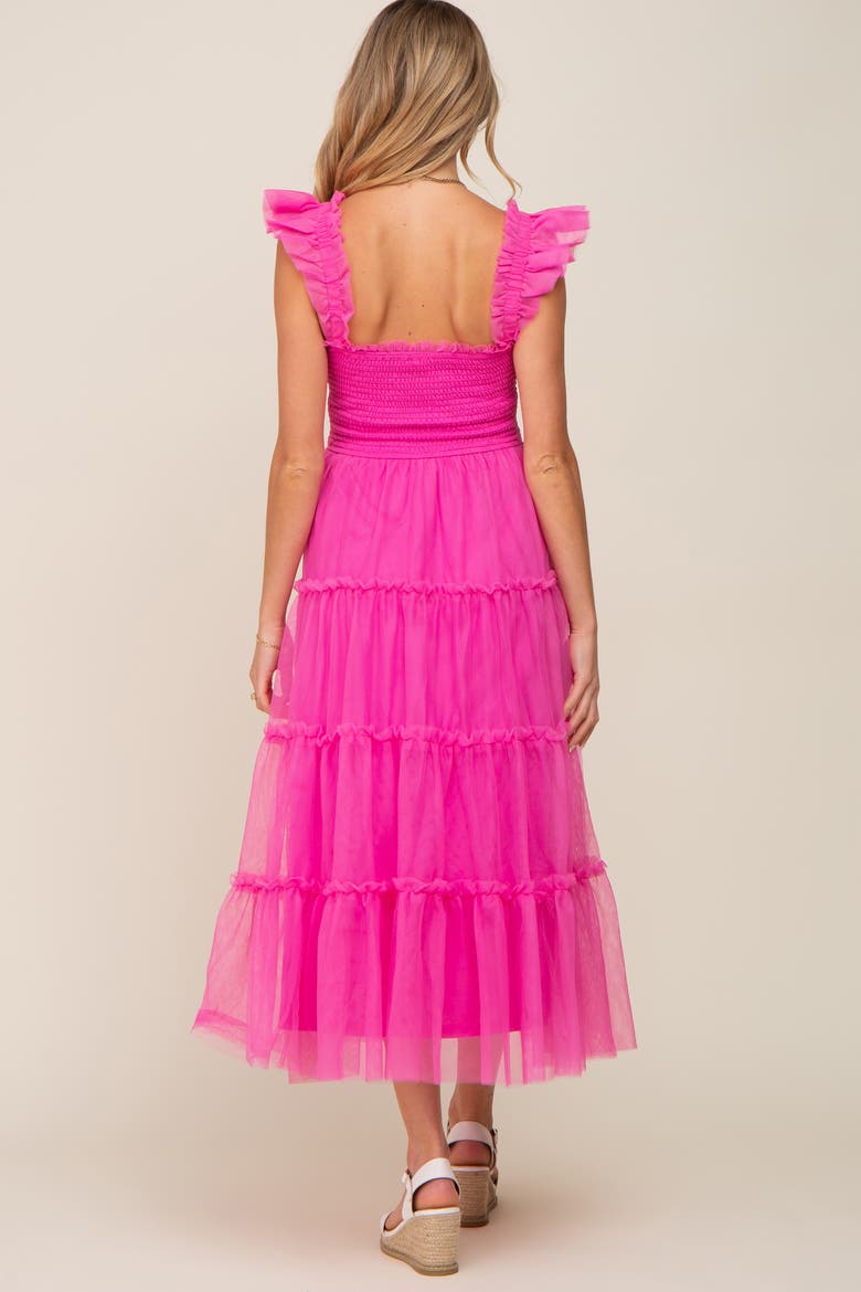 Smocked Mesh Ruffle Accent Midi Dress, Alternate, color, Fuschia