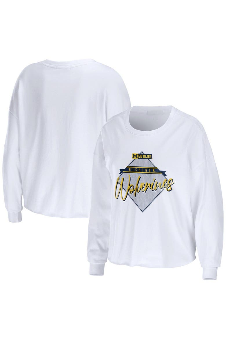 Women's WEAR by Erin Andrews White Michigan Wolverines Diamond Long Sleeve Cropped T-Shirt, Main, color, White