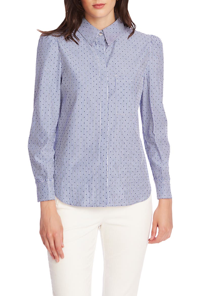 Pinstripe Flocked Dot Button-Up Cotton Shirt, Main, color, CHAMBRAY BLUE