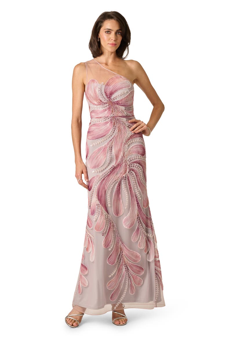 Soutache Mesh One-Shoulder Gown, Alternate, color, PINK MULTI