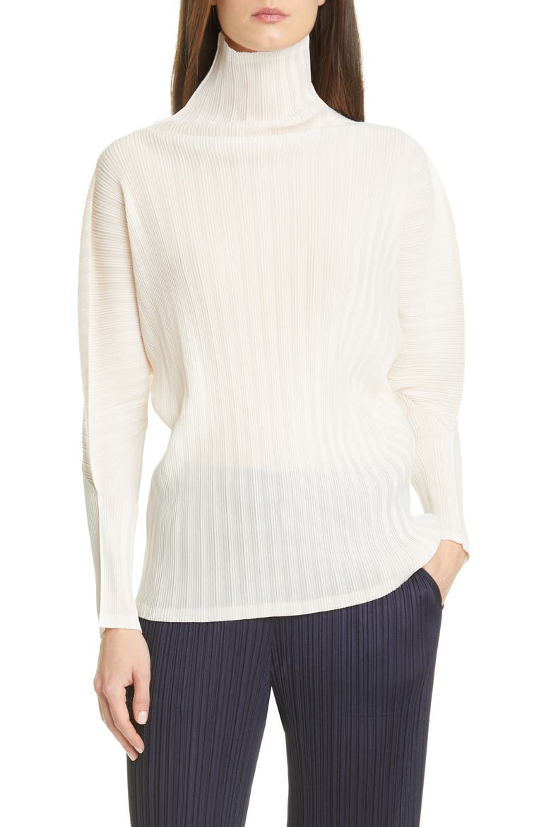 Pleated Turtleneck Top, Main, color, 02 OFF WHITE