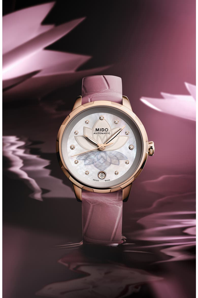 Rainflower Diamond Night Mode Automatic Leather Strap Watch, 34mm, Alternate, color, WHITE MOTHER OF PEARL