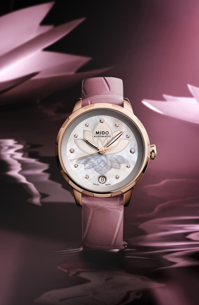 MIDO Rainflower Diamond Night Mode Automatic Leather Strap Watch, 34mm, Alternate, color, White Mother Of Pearl