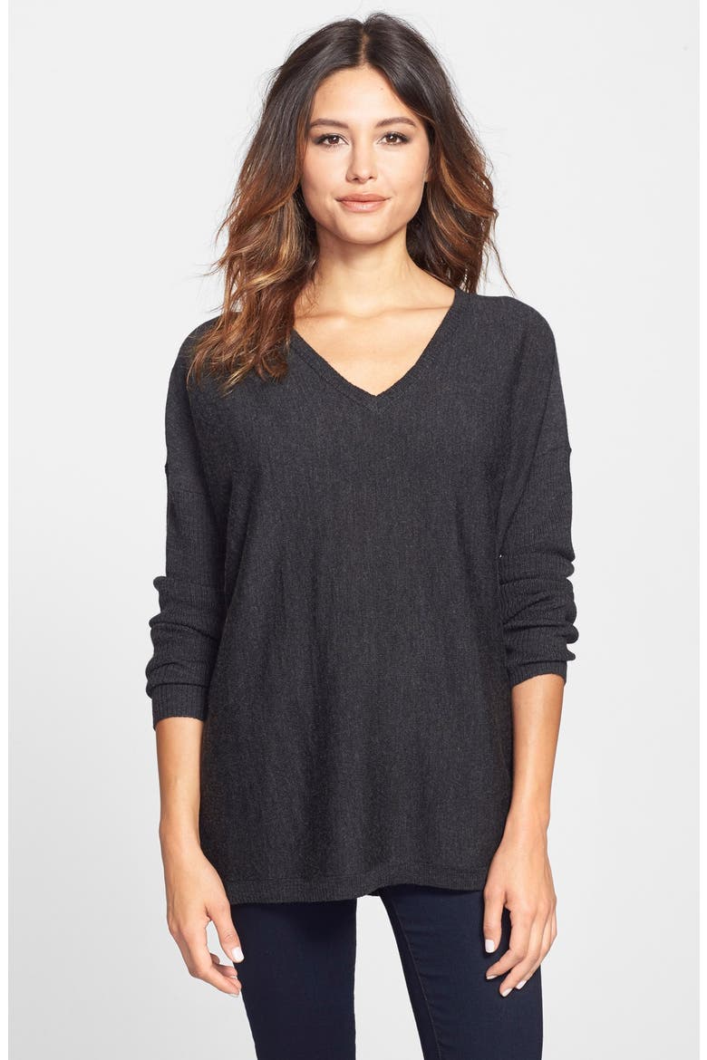 Ribbed Sleeve Merino V-Neck Tunic, Main, color, CHARCOAL