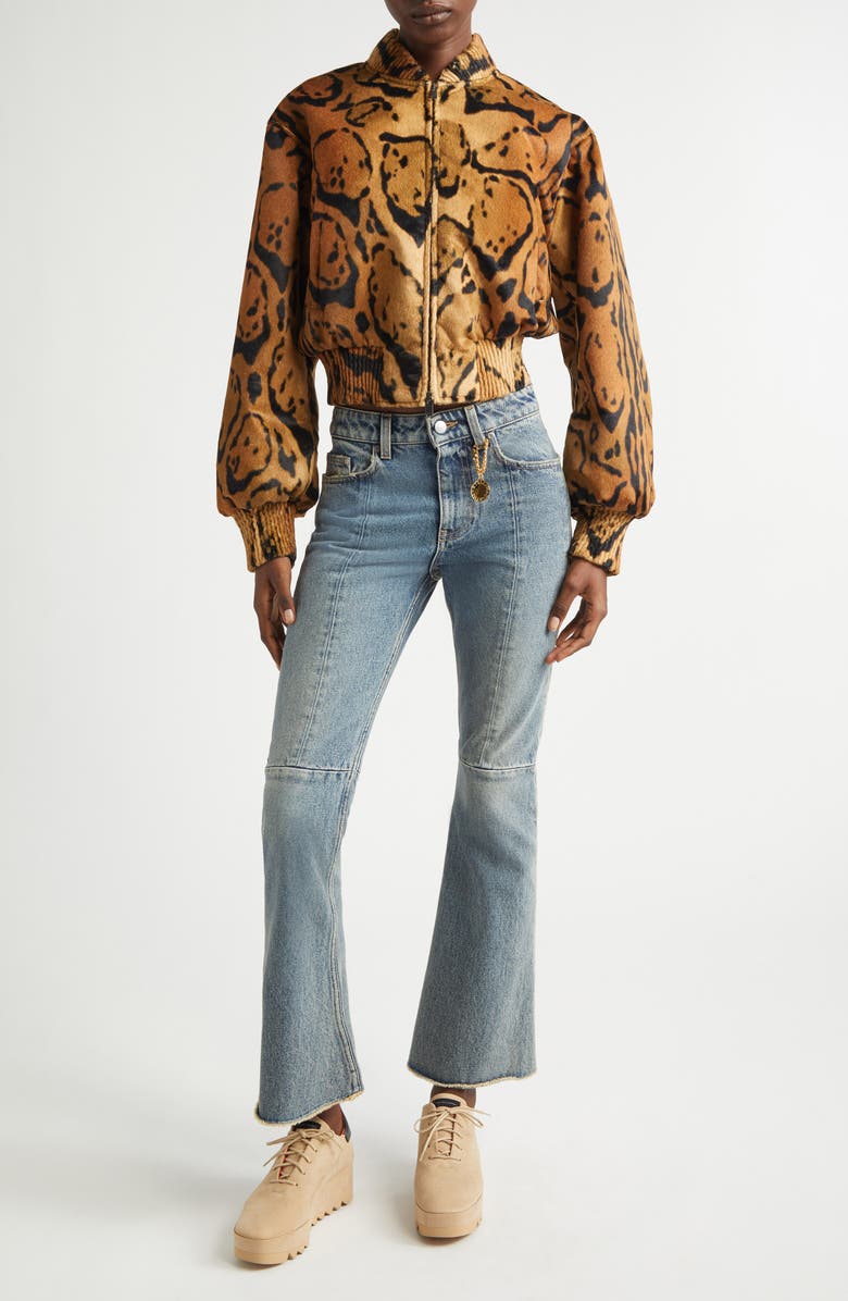 Stella McCartney Cloud Leopard Crop Velveteen Bomber Jacket, Alternate, color, Multicolor Brown