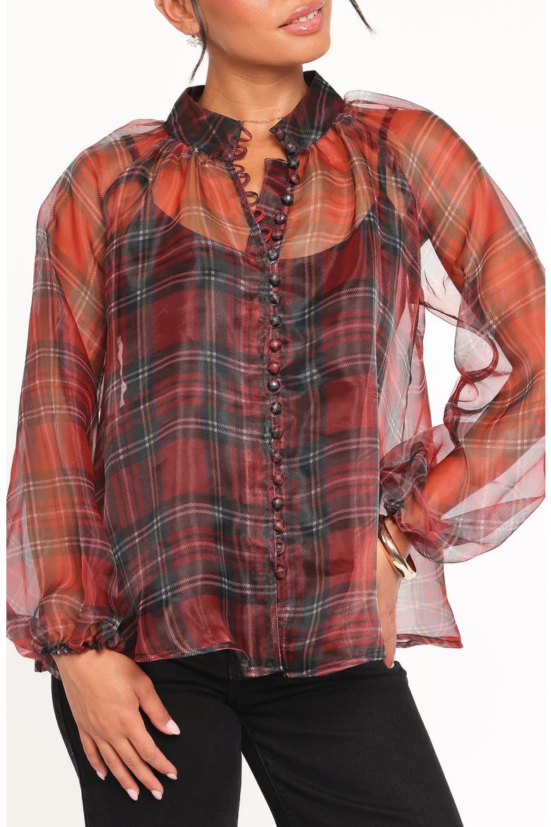 Marni Plaid Organza Button-Up Shirt, Main, color, RED PLAID