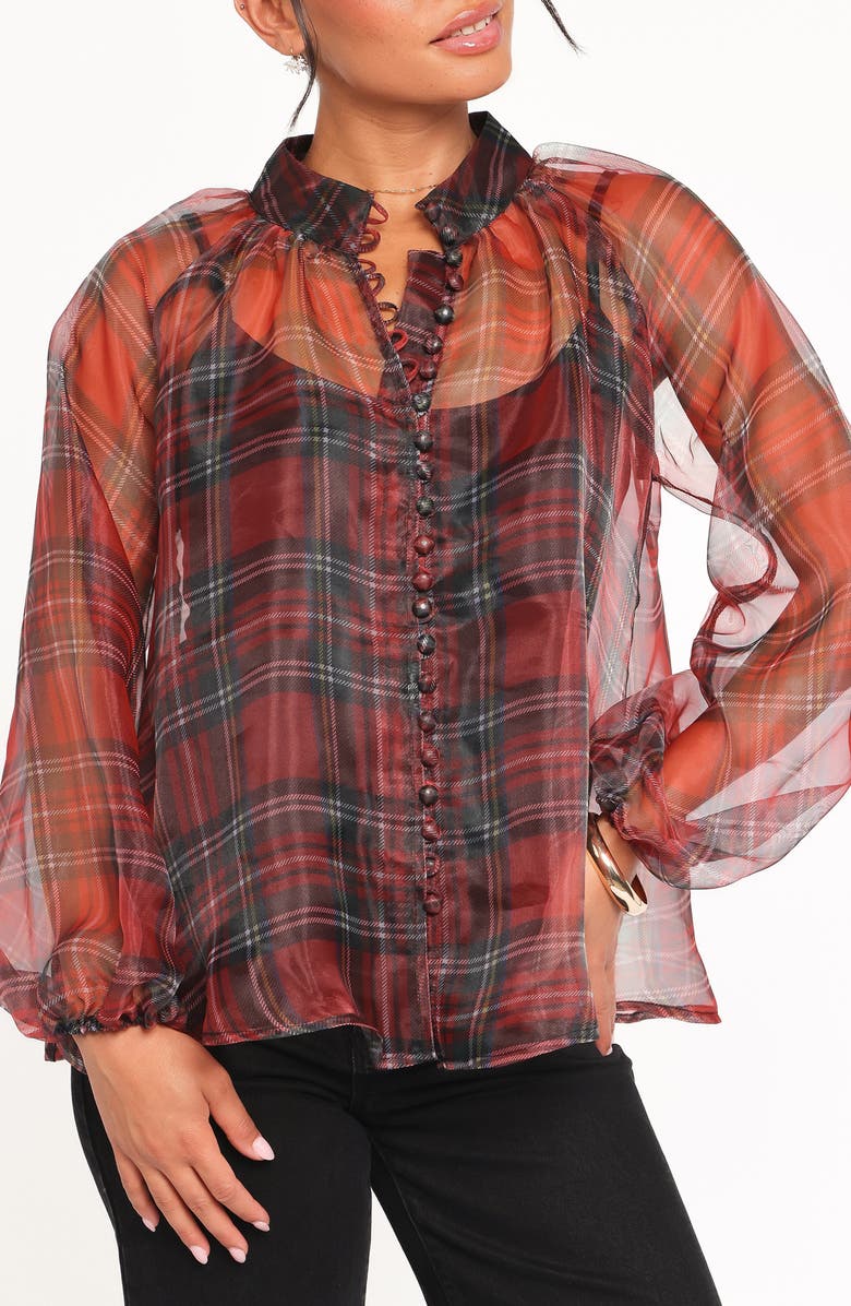 Petal & Pup Marni Plaid Organza Button-Up Shirt, Main, color, Red Plaid