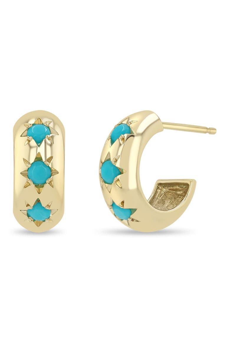 14K Gold Turquoise Huggie Hoop Earrings, Main, color, 14K YELLOW GOLD / TURQUOISE