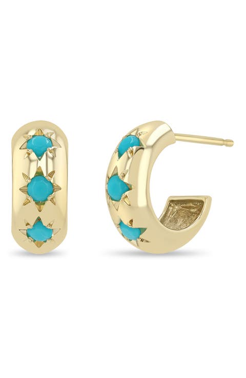 14K Gold Turquoise Huggie Hoop Earrings