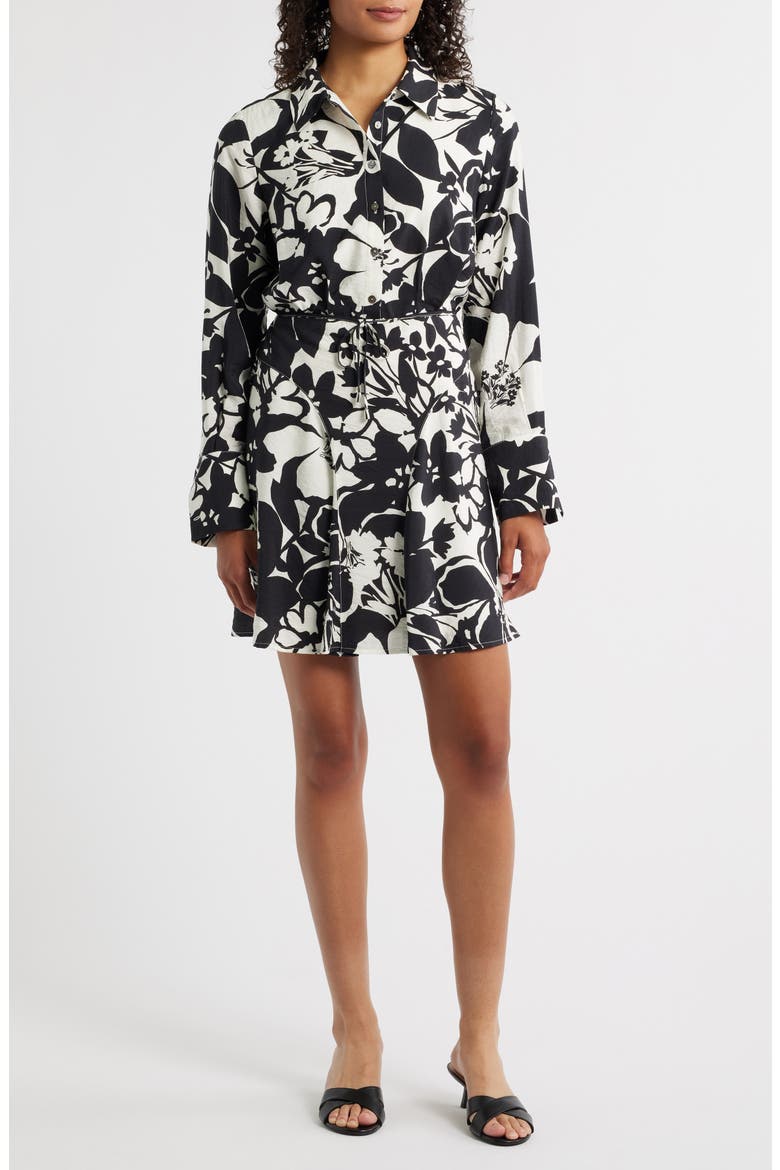 Stencil Floral Long Sleeve Shirtdress, Main, color, BLACK/ WHITE