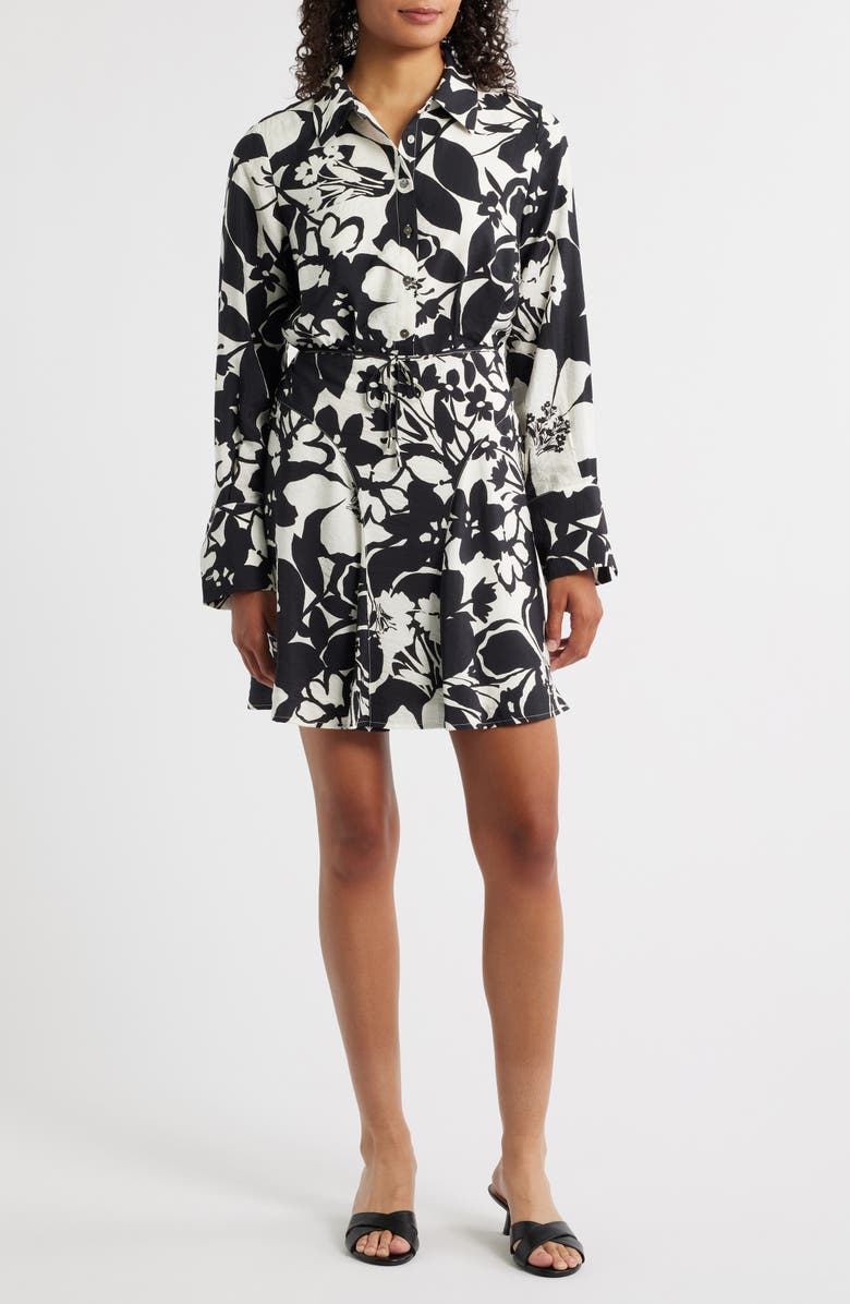 Sam Edelman Stencil Floral Long Sleeve Shirtdress, Main, color, Black/ White
