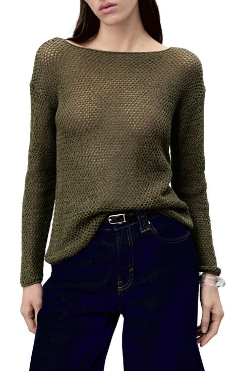 Open Knit Boat Neck Sweater