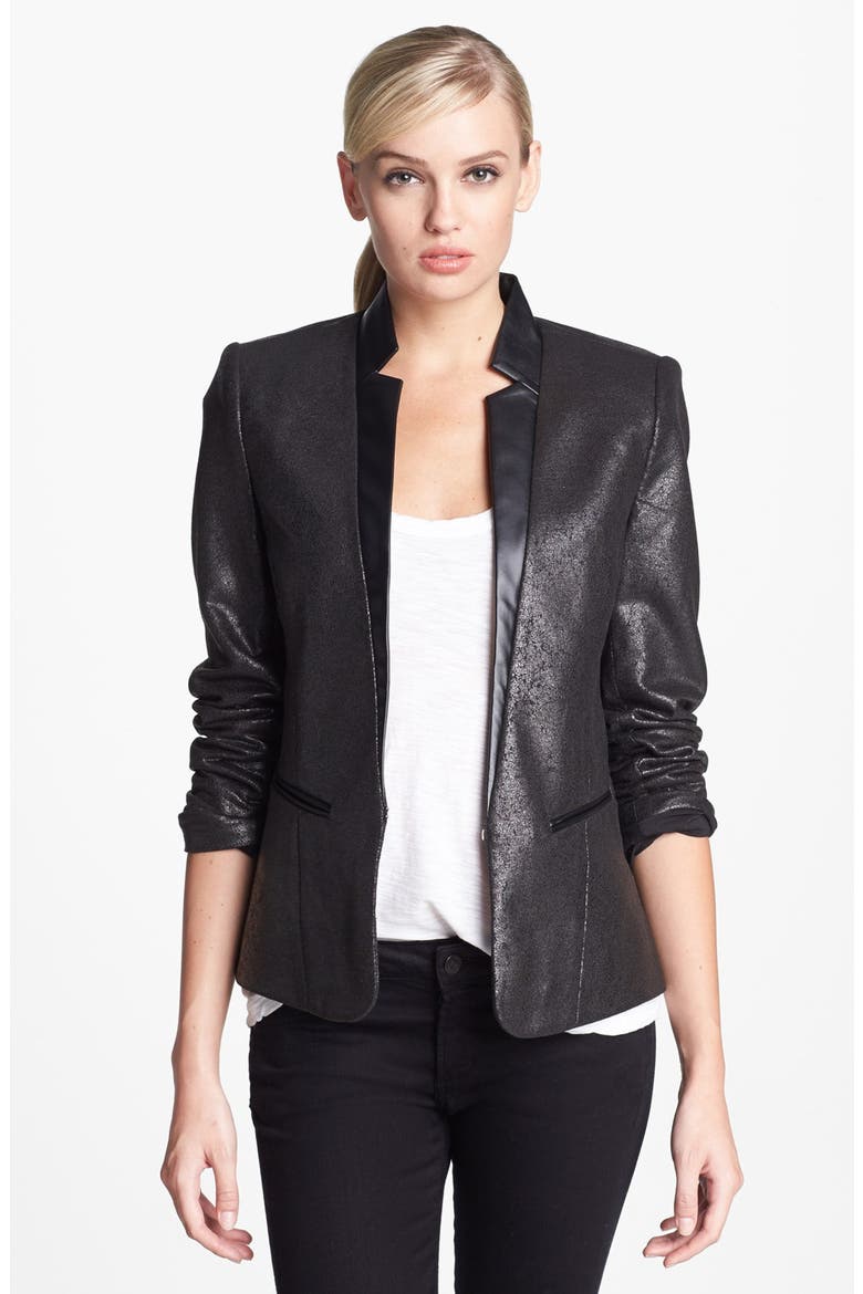 Foiled Faux Leather Trim Blazer, Main, color, BLACK