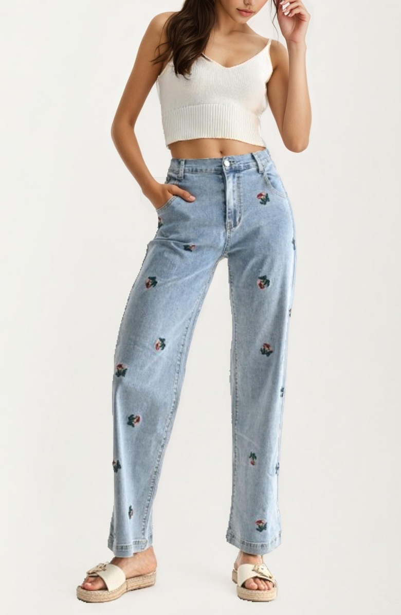 Knit and Lounge High Rise Embroidered Floral Denim Jeans, Alternate, color,