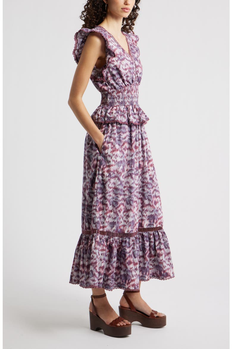 Floral Flutter Sleeve Peplum Dress, Alternate, color, PINK- BLUE DAISY TAPESTRY