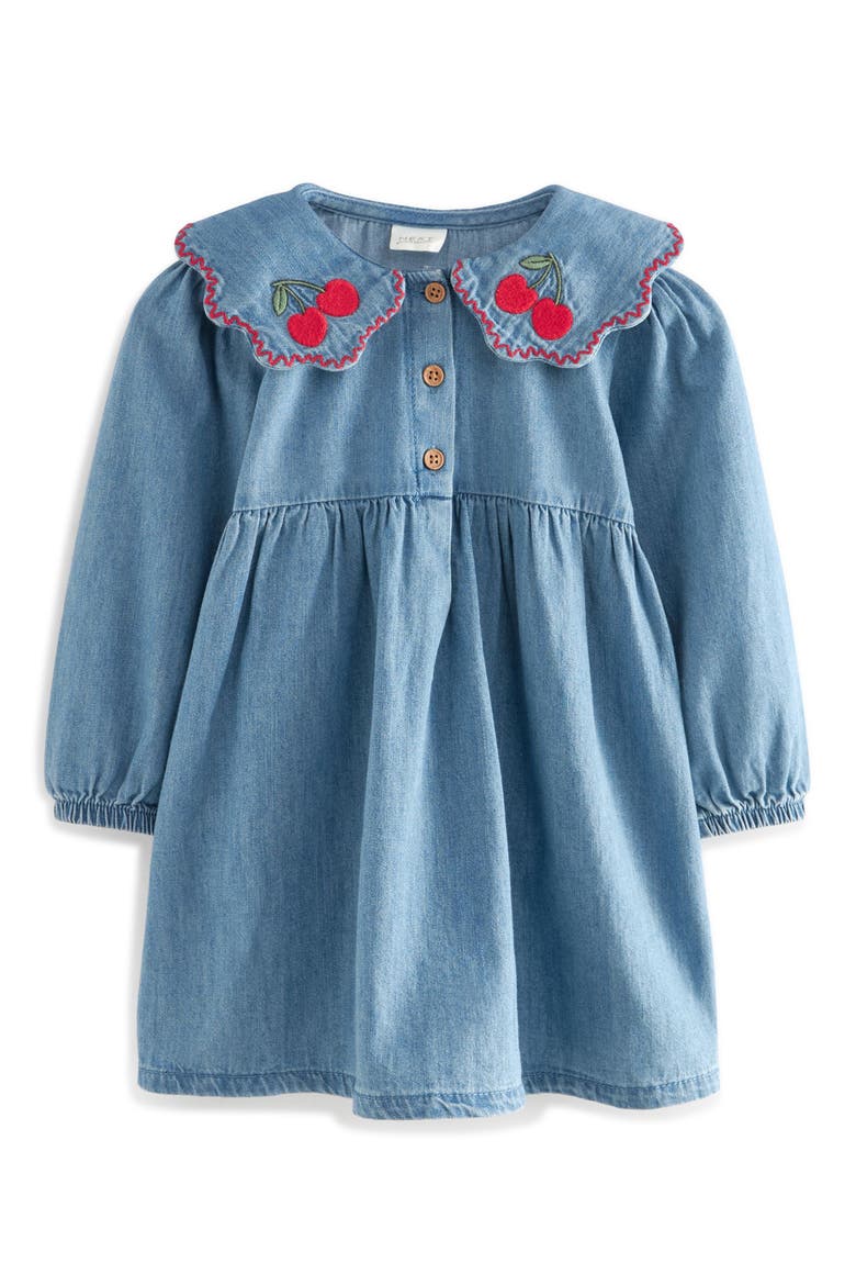 Kids' Cherry Long Sleeve Denim Dress, Main, color, BLUE