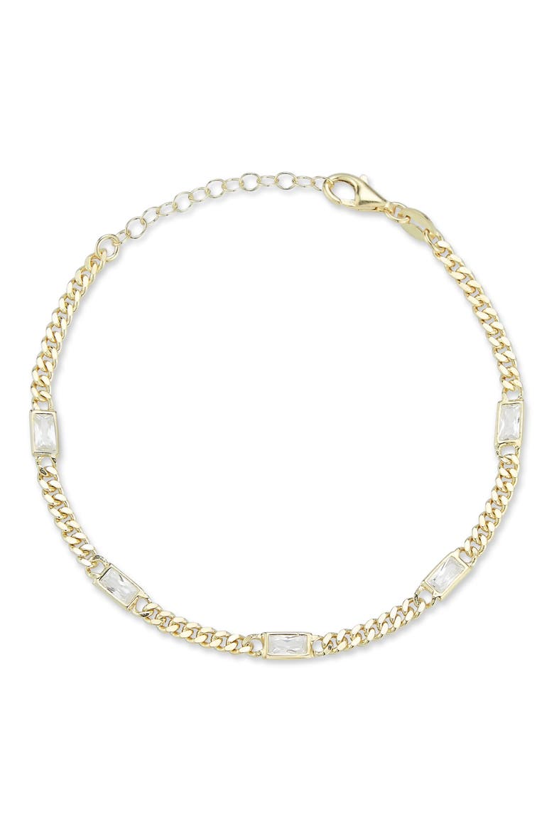 14K Gold Plate Sterling Silver Curb CZ Station Bracelet, Main, color, GOLD