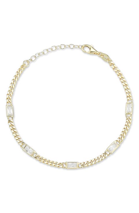 14K Gold Plate Sterling Silver Curb CZ Station Bracelet