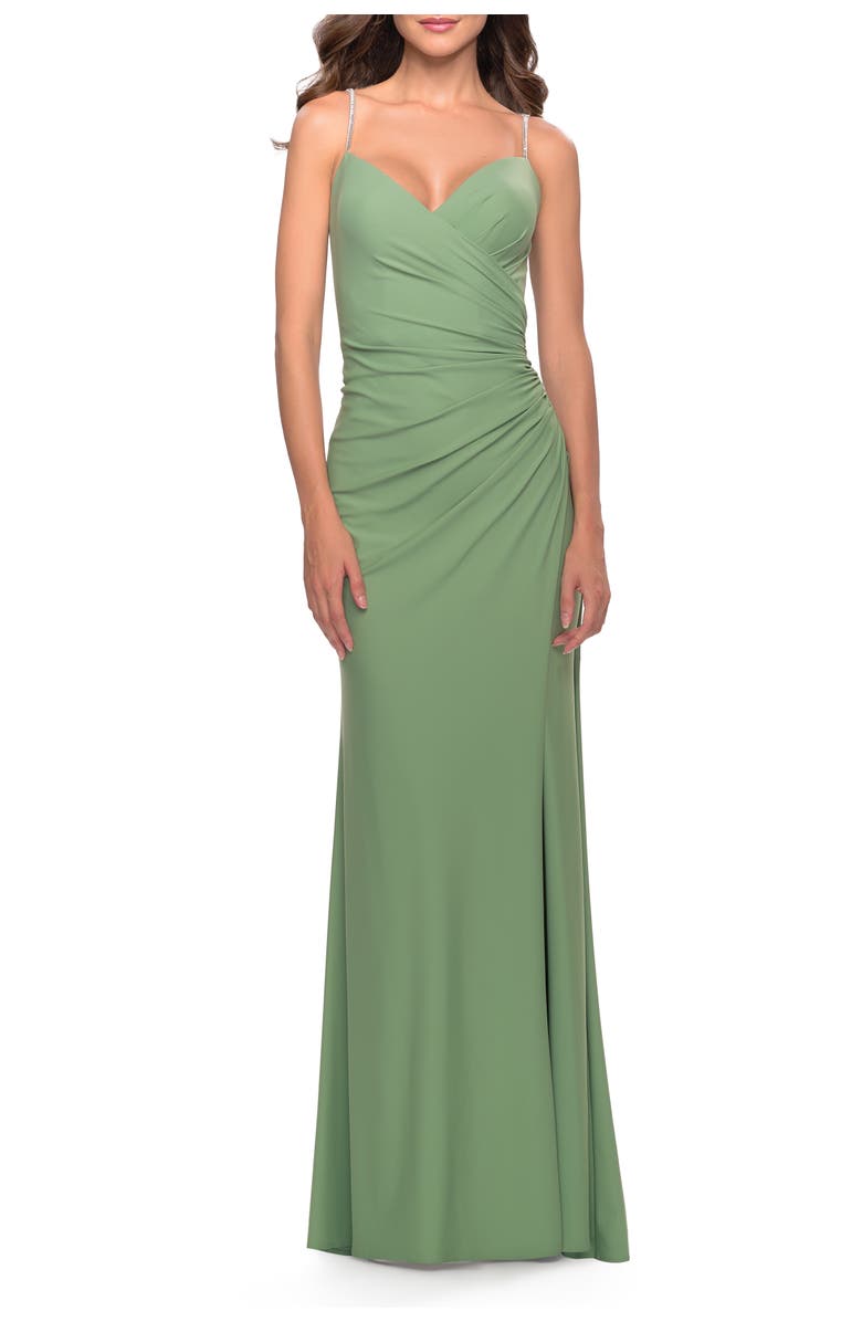 La Femme Long Ruched Jersey Gown with V-Neckline, Main, color, Sage